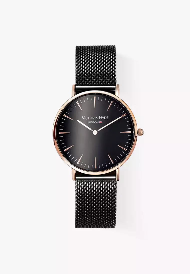 中性休闲表 男女通用 現代風格 38mm黑色圓形表盤黑色不鏽鋼網狀表帶-黑色