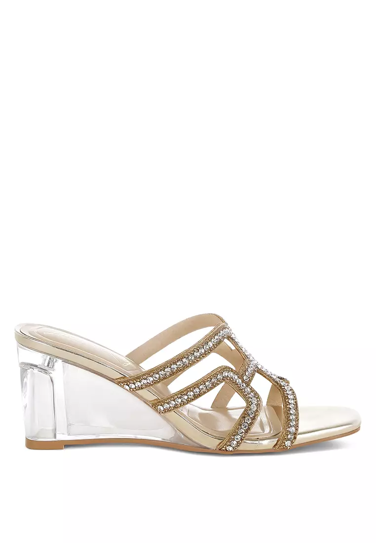 Metallic Rhinestone Clear Wedge Sandals In Gold