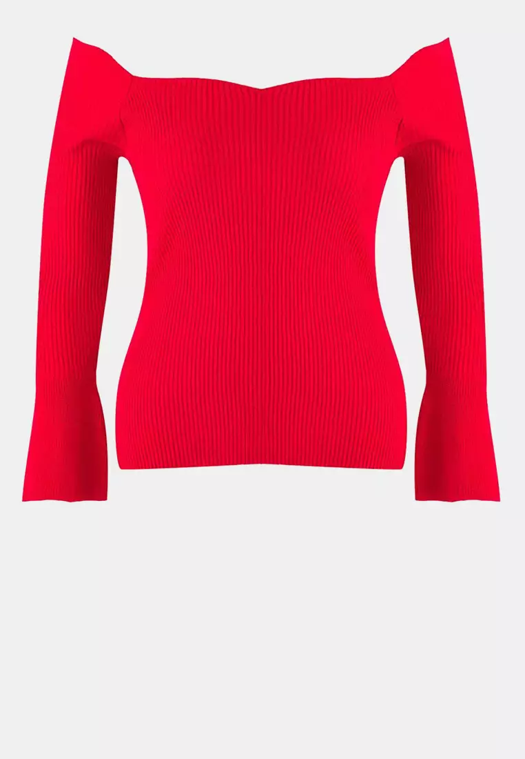 Red Ribbed Carmen Collar Knitwear Sweater Tbbaw26An00031