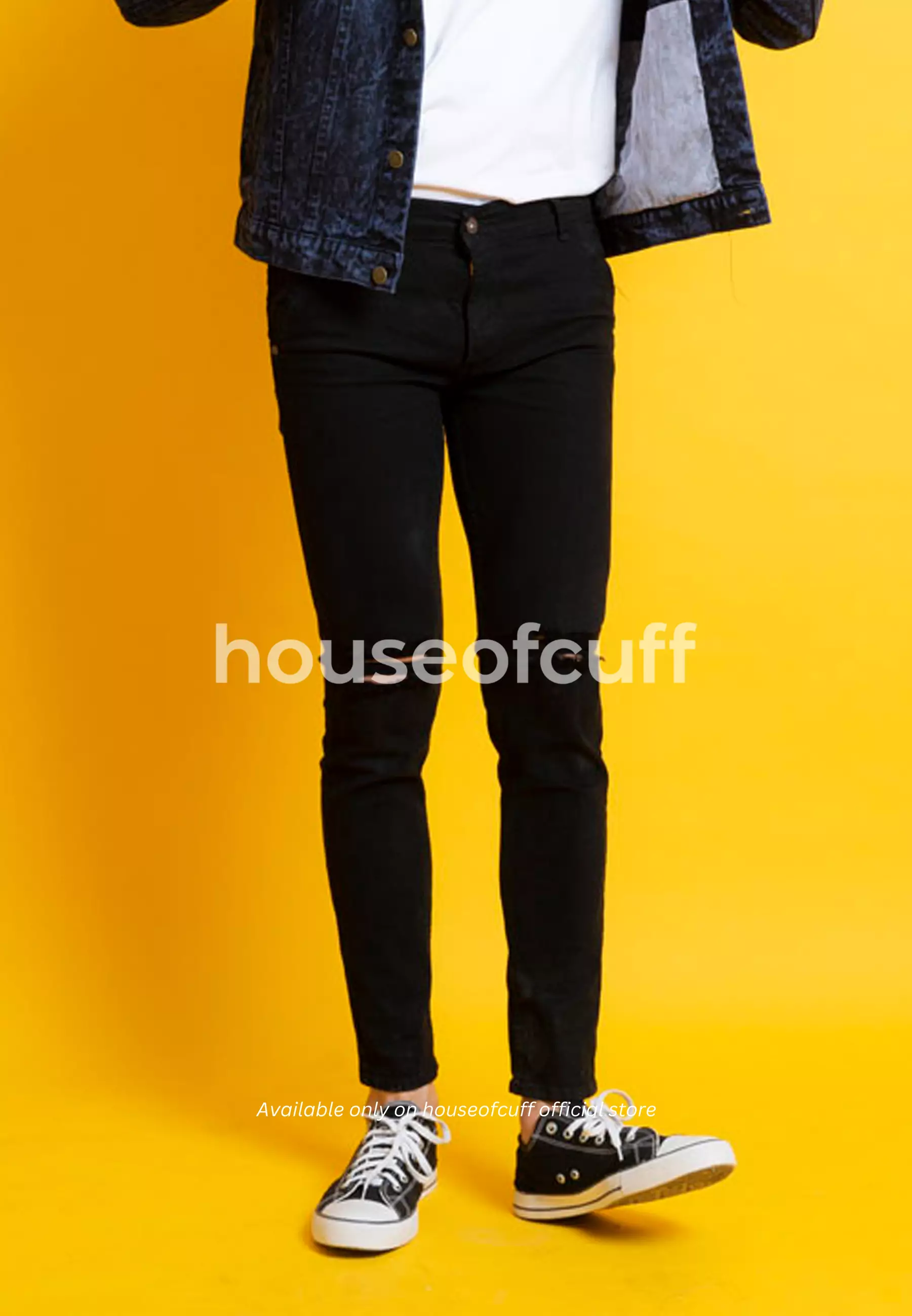 Celana Jeans Hitam Pria Denim Ripped Sobek Robek Bahan Stretch Melar Slim Fit Houseofcuff