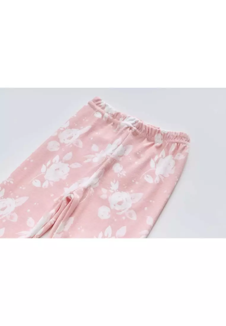 嬰兒小孩睡衣 粉白色花朵上衣及褲子套裝