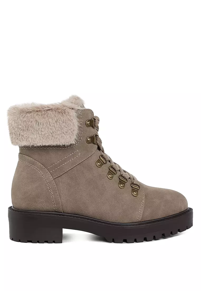 Discount on London Rag  shoes - SKU: Faux Fur Collar Ankle Boots in Taupe