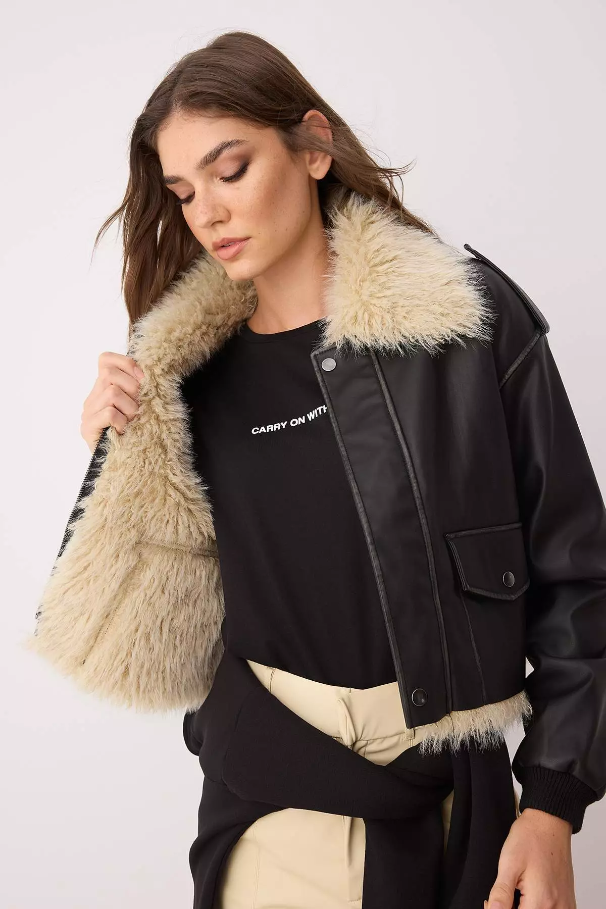 Black Regular Fit Fur Detailed Faux Leather Coat