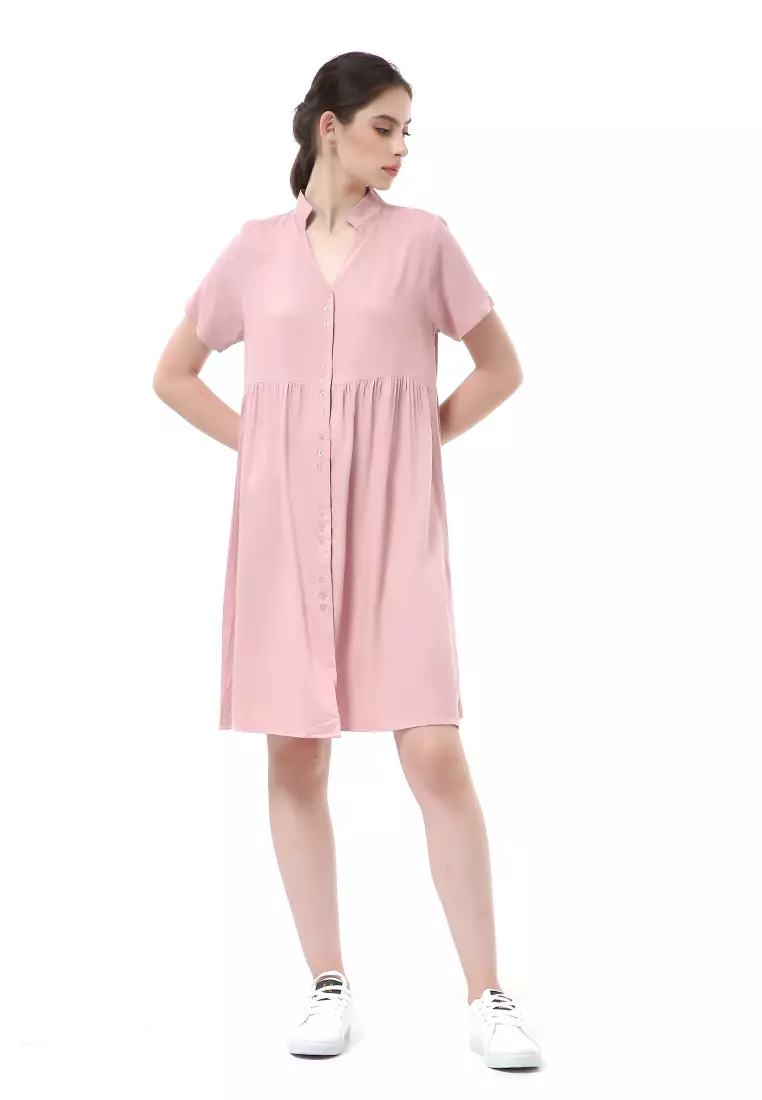 Rachel Dress Wanita Lengan Pendek Full Kancing Stylish Material Cotton ORIGINAL - Dusty Pink