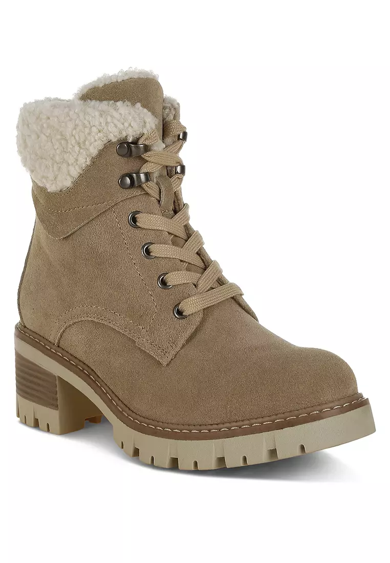 Fur Collar Chunky Ankle Boots in Beige