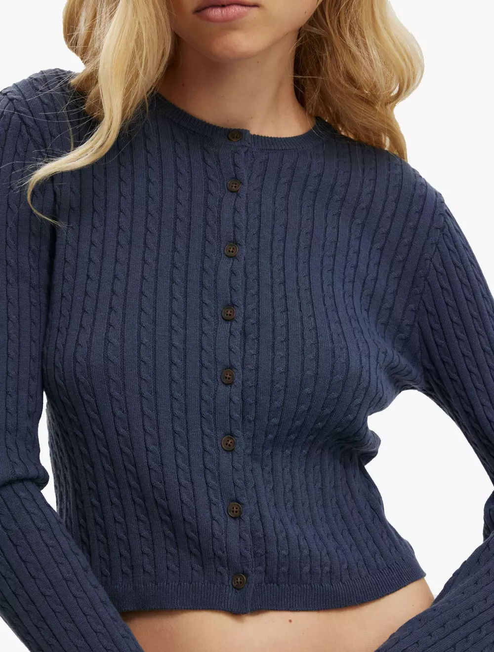 COTTON ON - PAKAIAN - COTTON CREW NECK CARDIGAN - NAVY