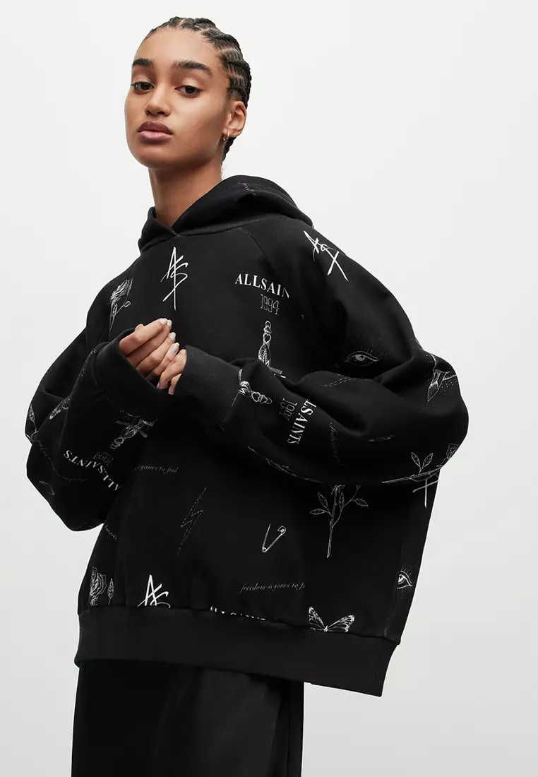 Clothing Allsaints Black Hoodie AllSaints Part Leather Hoodie With