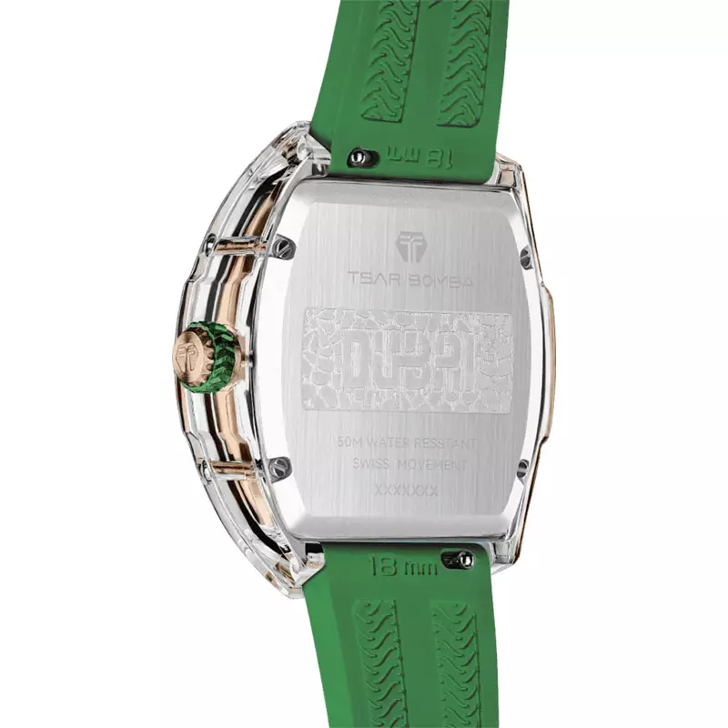 Jam Tangan Wanita Tsar Bomba Nucleus Femme 02 TB8219L-05 Mother of Pearl Green Dial Green Rubber Strap