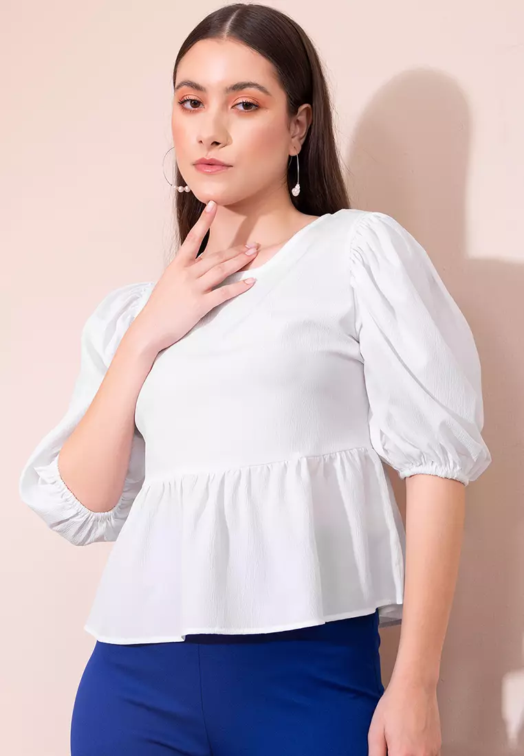 White Textured Puff Sleeve Peplum Top