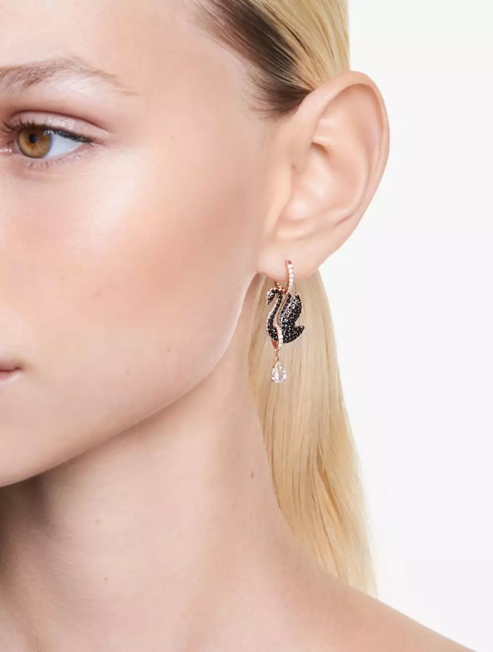 Swarovski Swan Drop Earrings, Swan, Black, Rose Gold-Tone Plated - Black