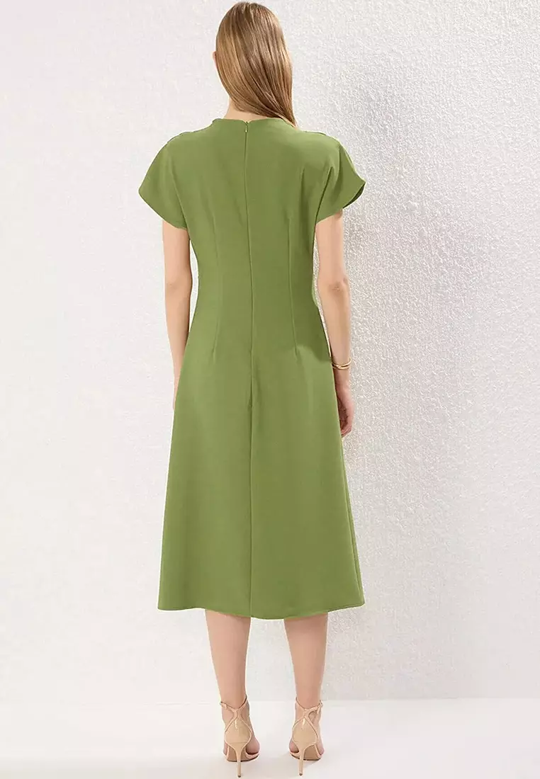 Oil Green A-Line Cowl Neck Midi Crepe Woven Dress TWOAW25EL00393