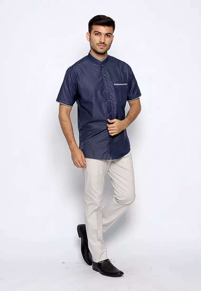 Casella Baju Koko Pria Lengan Pendek | Kemeja Koko Emboss Zayn Series 4086 Navy