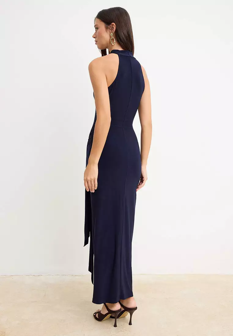 Navy Blue Belt Detail Halter Neck Bodycone/Fitted Stretchy Maxi Knitted Dress Twoss25El689