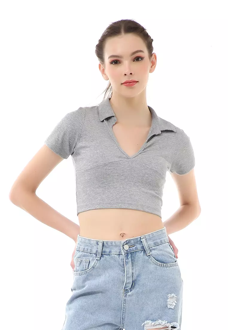 Cerise Crop Top Kaos Pendek Wanita T-Shirt Short Sleeve Plain Motive Material Cotton ORIGINAL - Light Gray