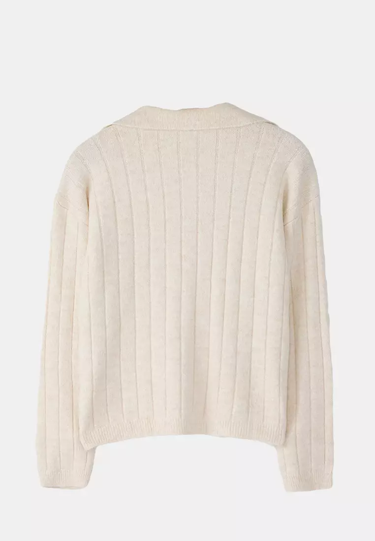 Ecru Wool Basic Polo Neck Knitwear Cardigan