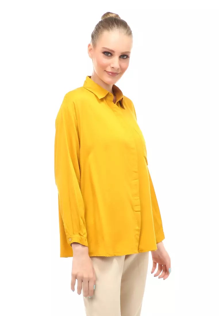 Dean Basic Shirt Lengan Panjang Atasan Wanita Front Button Opening Relaxed Fit - Mustard