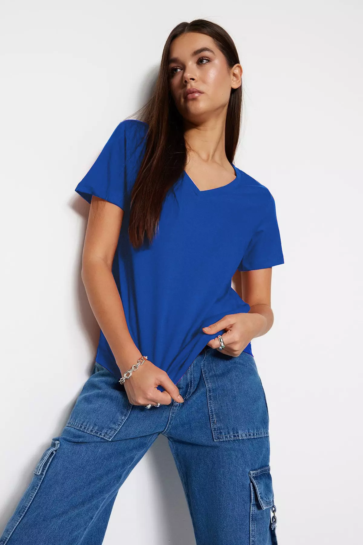 Saks 100% Cotton Basic V Neck Knitted T-Shirt TWOSS23TS00001