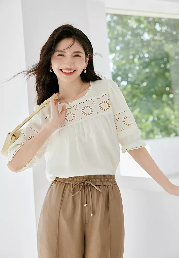 Puff Sleeve Casual Blouse with Embroidery