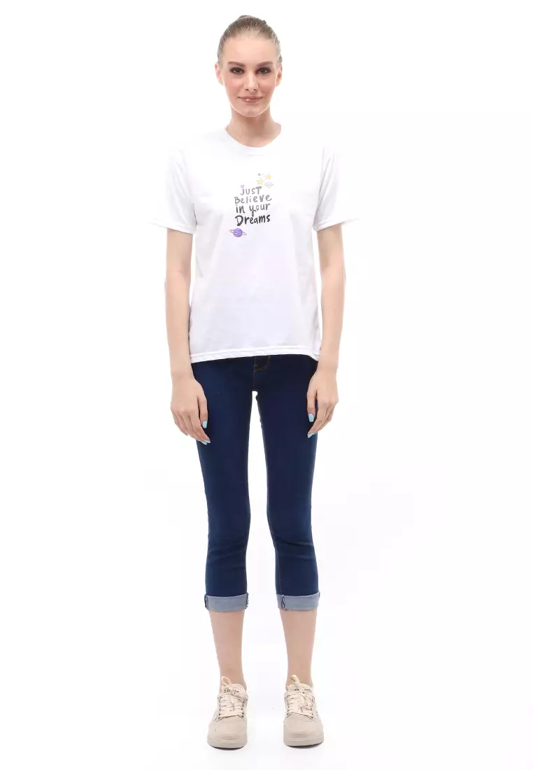 Heller Kaos Atasan Wanita Motif Print Short Sleeves Relaxed Fit - Putih