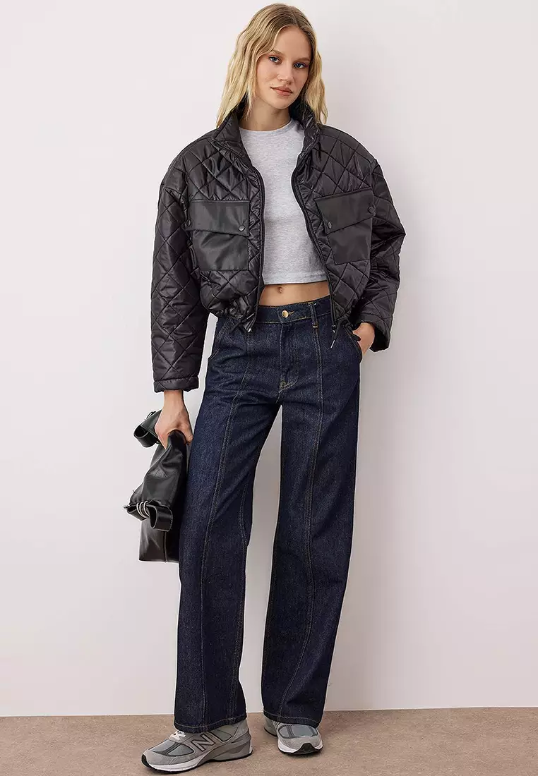 Black Regular Fit Faux Leather Pocket Detailed Quilted Coat