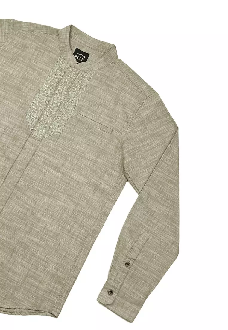 POLICE Kemeja Koko Bordir Cotton Slub Regular Fit Lengan Panjang Pria