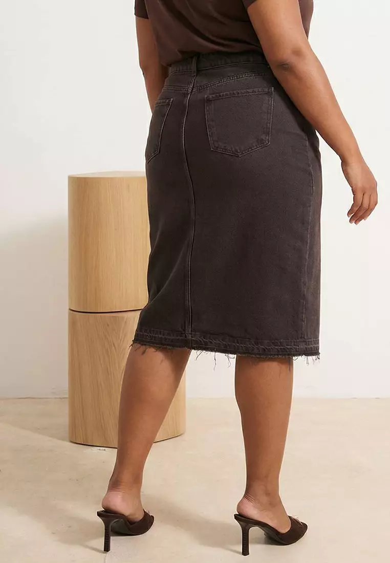 Brown Front Slit Midi Length %100 Cotton Non-Stretch Large Size Denim Skirt Tbbss23Az00054