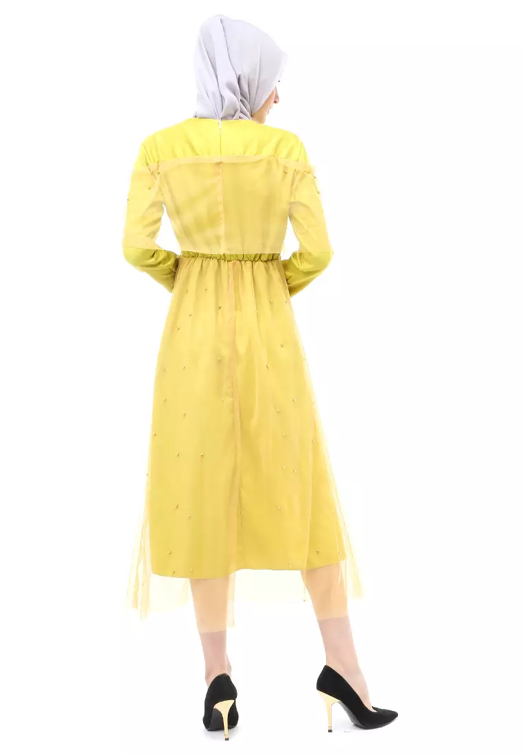 Riany Gamis Brukat Muslimah Wanita Motif Hiasan Long Dress Regular Fit - Lime