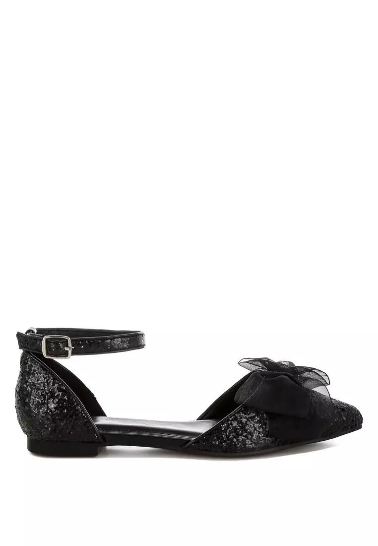 Sheer Bow Detail Glitter Flat Sandals in Black