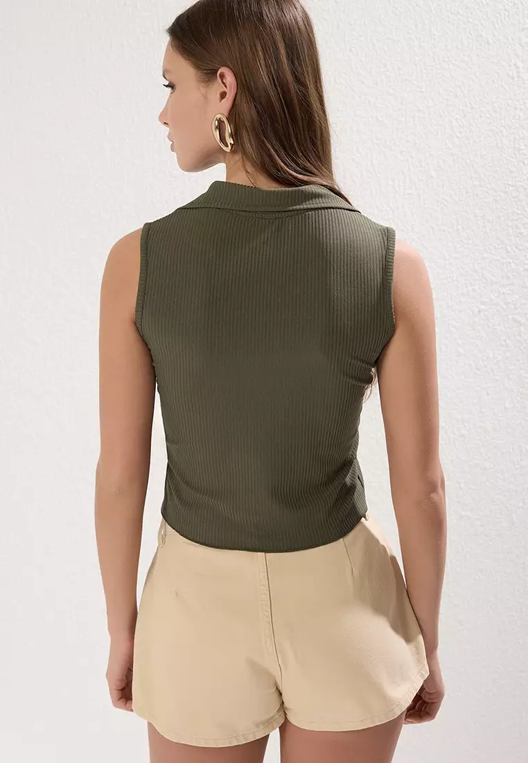 Khaki Fitted Polo Collar Crop Flexible Knitted Blouse