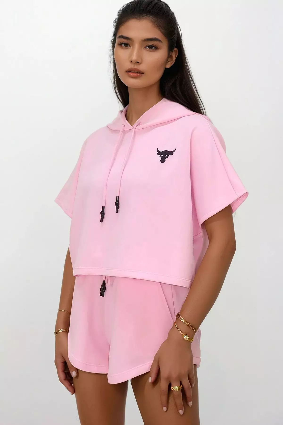 Women's Pink Hooded Crop Sweatshirt And Shorts Set Alc-760-001-Tk