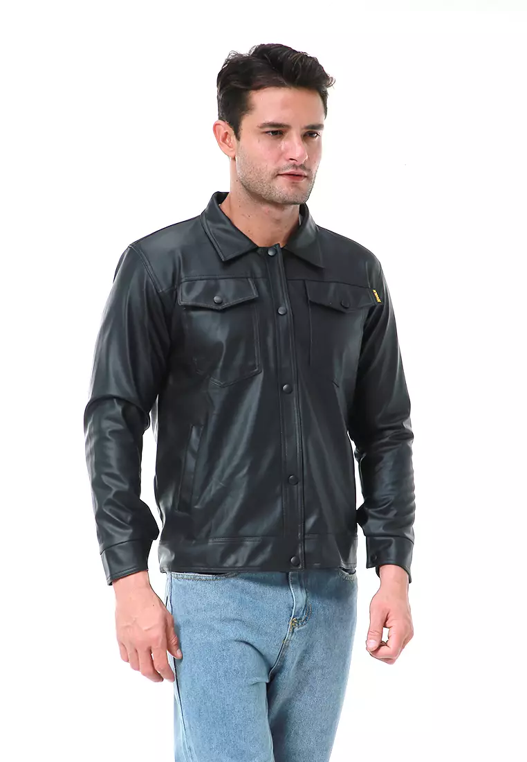 Danny Outerwear Pria Big Pocket Casual Jacket Lengan Panjang Material Leather ORIGINAL - Black
