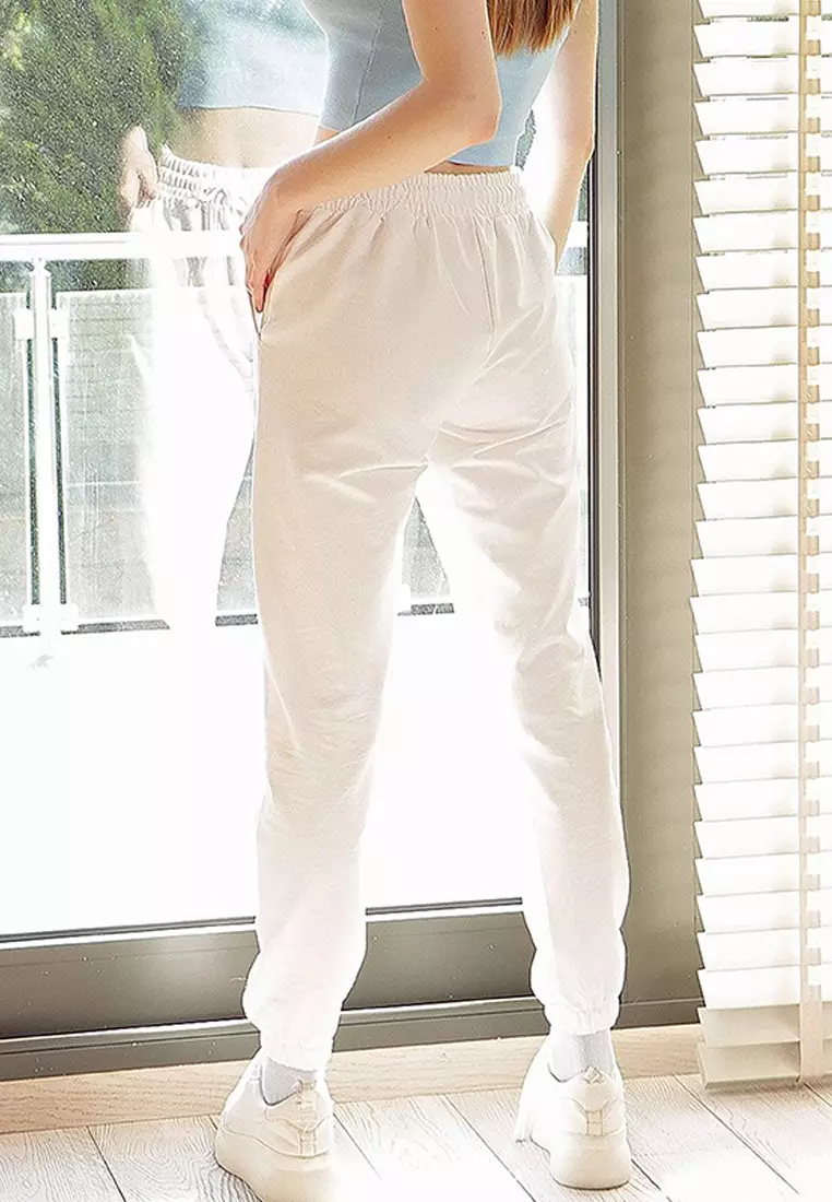Women's White Elastic Waist And Leg Basic Sweatpants Alc-X5902