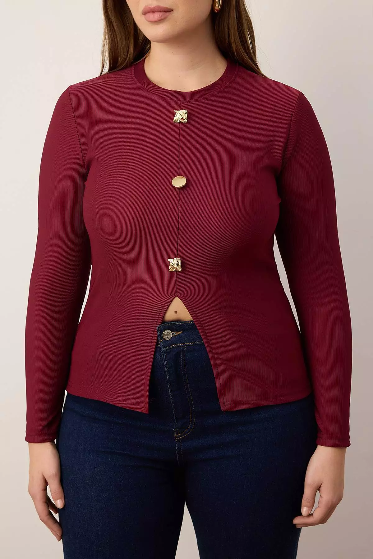 Burgundy Accessory Buttoned Long Sleeve Ribbed Knitted Plus Size Blouse Tbbaw26Af00078