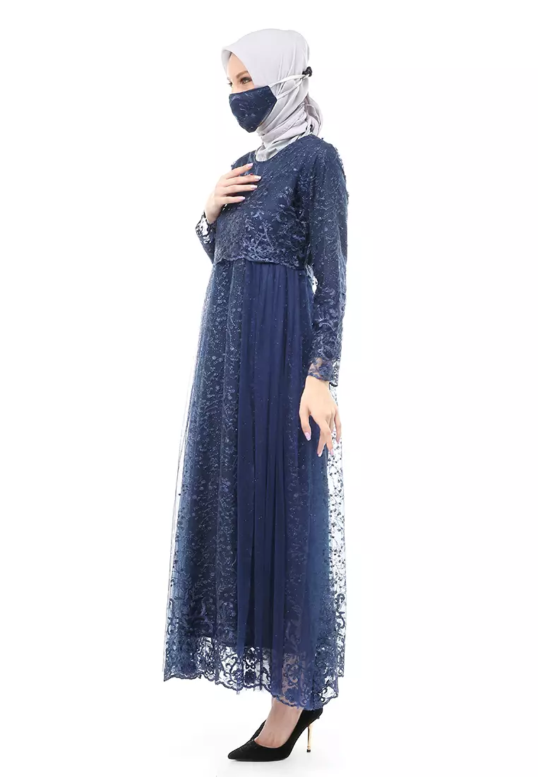 Marlina Gamis Kebaya Muslimah Panjang Motif Polos Long Sleeve Regular Fit - Navy