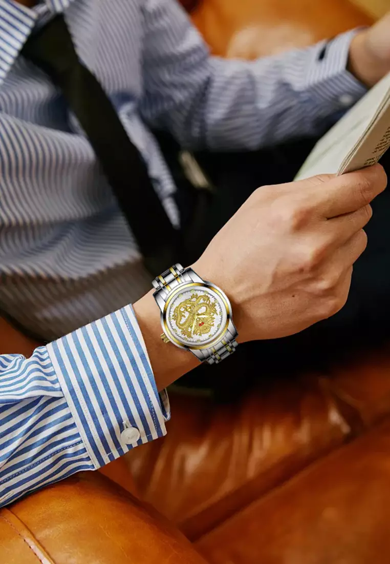 Jam Tangan Pria 9002 Naga Emas Stainless Steel Quartz Original Dragon Gold Kuning Jam Tangan Cowok white