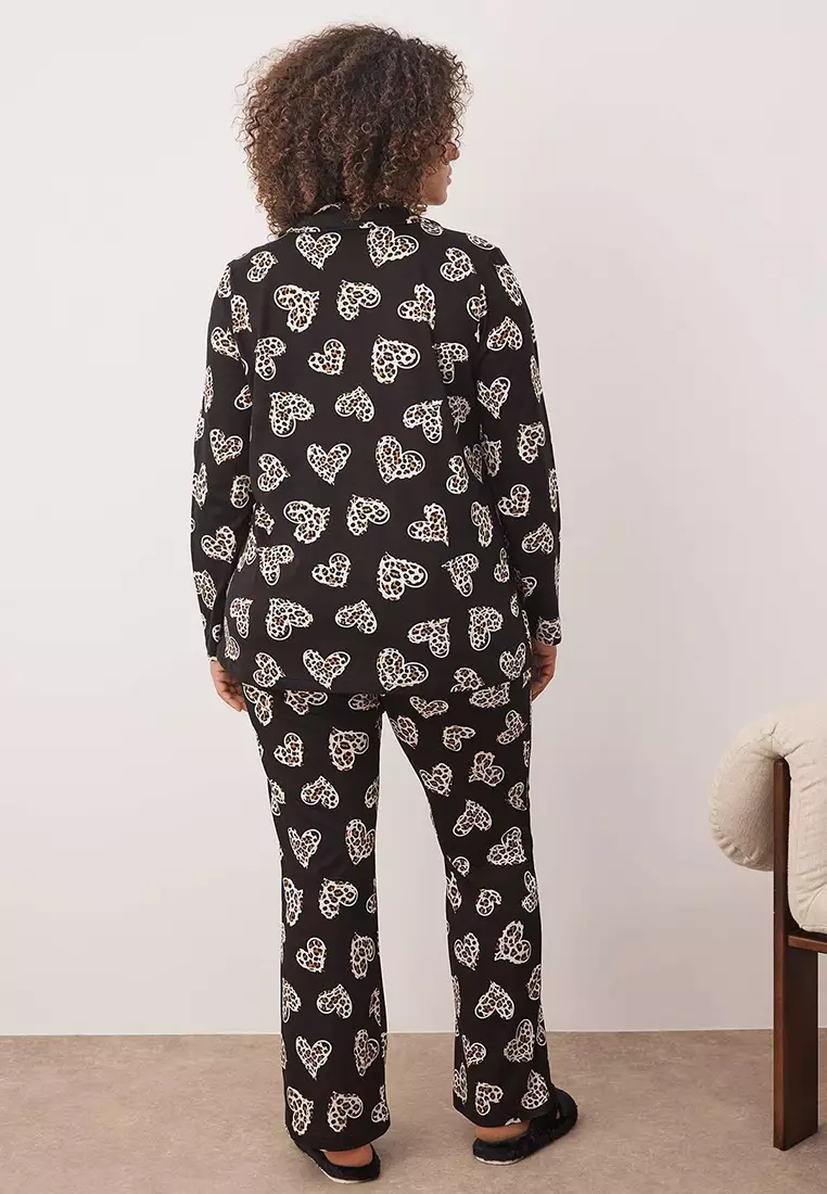 Black 100% Cotton Heart & Leopard Patterned Shirt-Pants Knitted Pajama Set Tbbaw26Ai00017