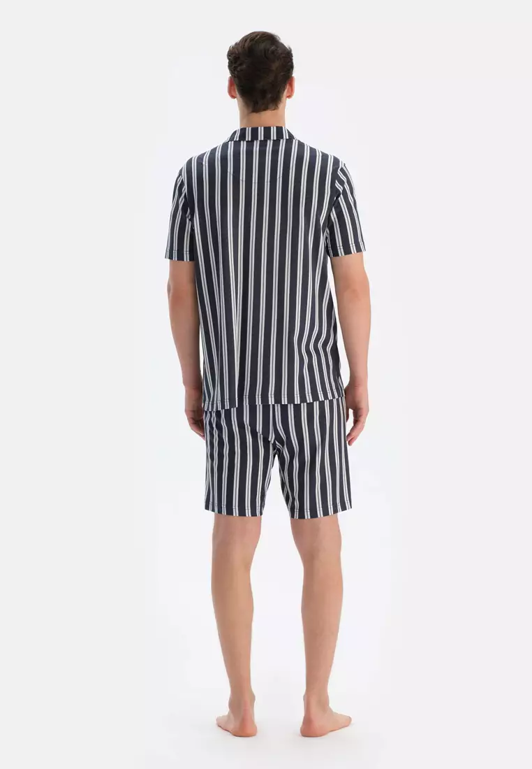 Multicolor Shirt & Shorts Knitwear Set, Striped, Shirt Collar, Regular, Short Leg, Short Sleeve Sleepwear for Men