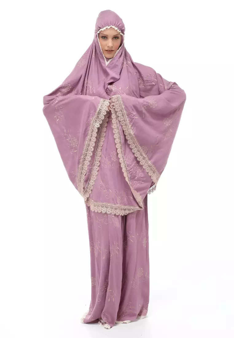 Hanjani Mukena Muslimah Atasan Bawahan Wanita Motif Bunga Relaxed Fit - Lavender