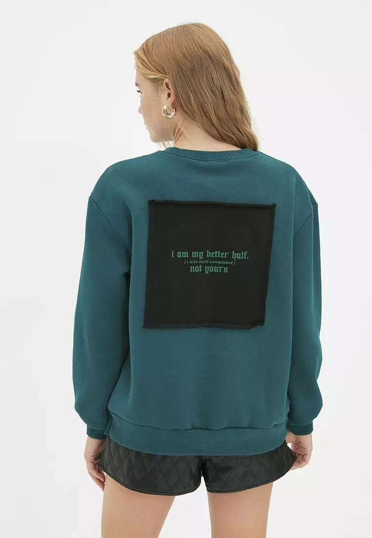 Printed Loose Fit Thick Fleece Inside Knitted Sweatshirt