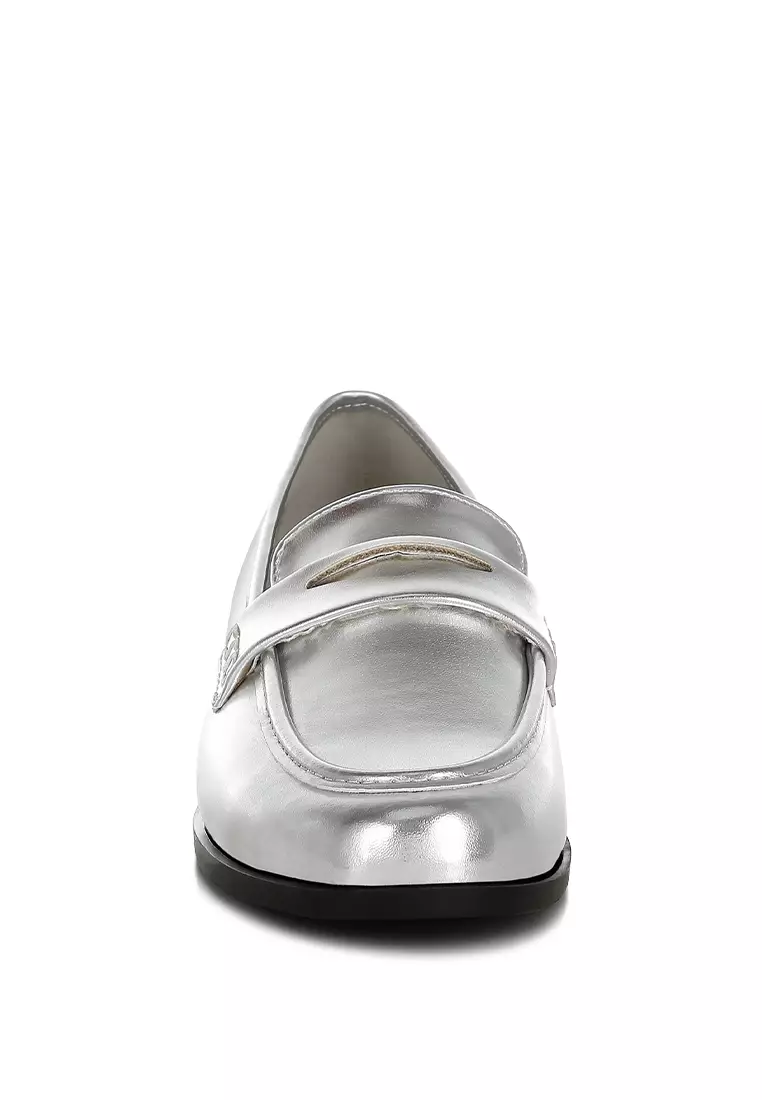 Metallic Faux Leather Flat Loafers in Silver