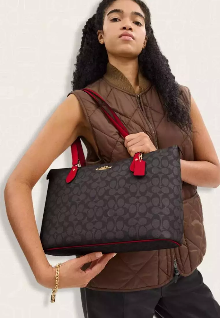 Coach Gallery Tote Bag In Signature Canvas Walnut Bold Red