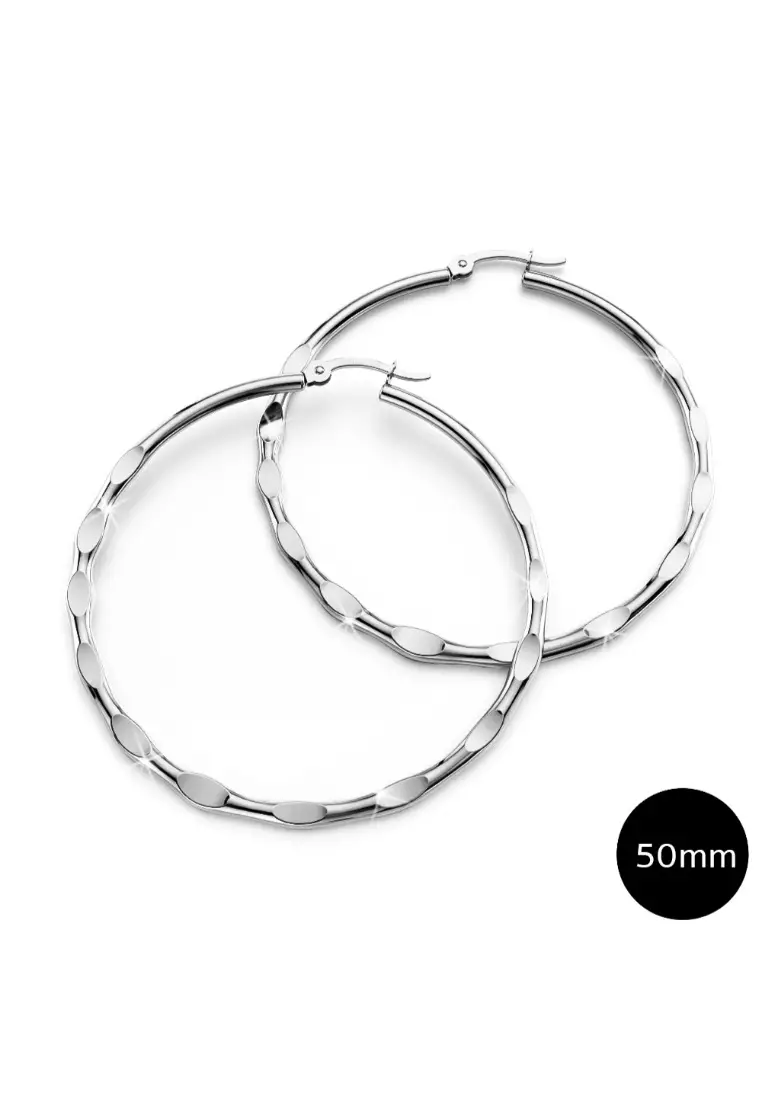Fem Hammered Hoop Earrings 50mm-White Gold