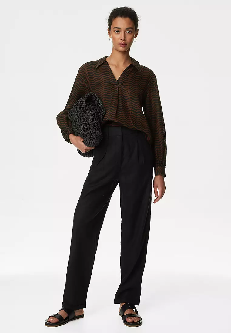 Pure Linen Printed Collared Popover Blouse