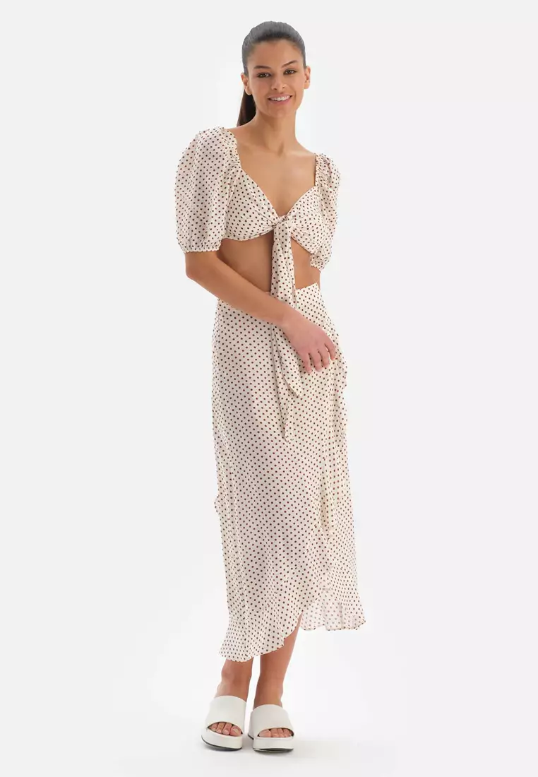 Ecru Retro Skirt, Polka dot Printed, Beachwear for Women