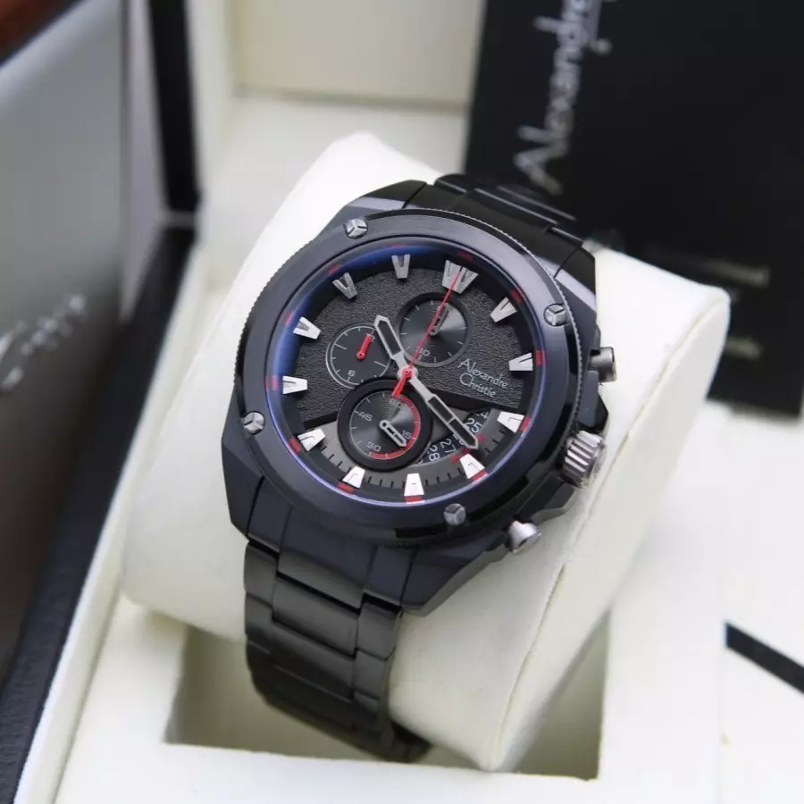 Alexandre Christie 6646 Rantai Full Black Dial Merah Cowok