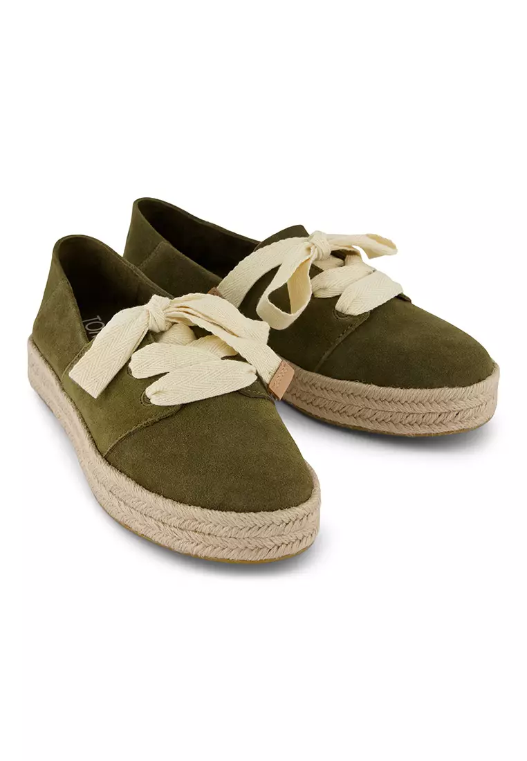 TOMS Women Carolina Lace Up Military Olive Suede Espadrille