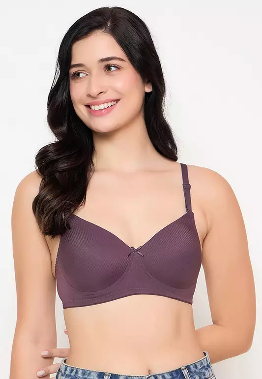 Clovia Padded Non-Wired Full Cup Self Striped Multiway T-shirt Bra in Wine Colour