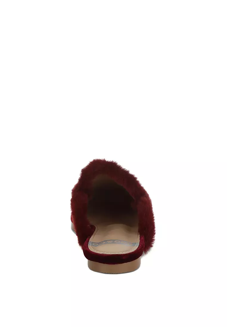 Fur Detail Velvet Slip-On Mules in Burgundy