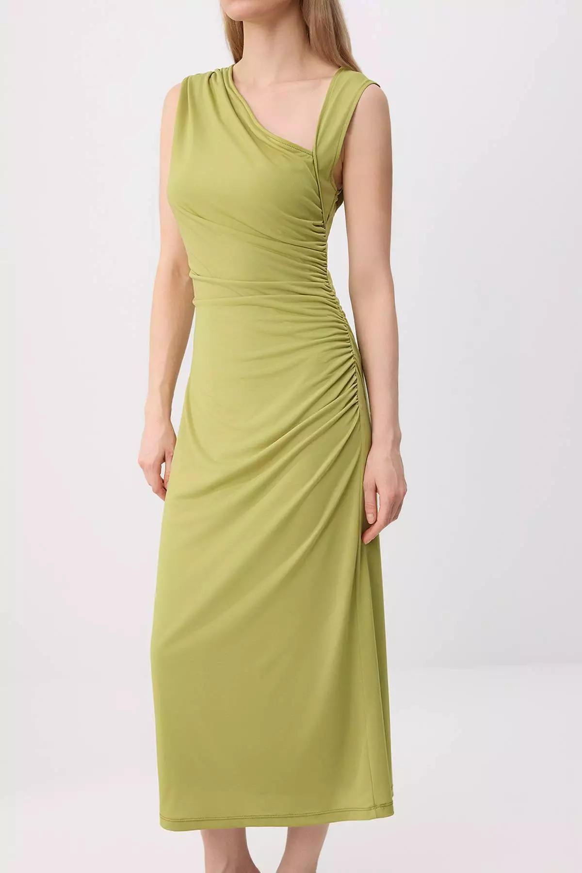 Oil Green Bodycon Asymmetrical Collar Sleeveless Shirred Maxi Stretchy Knitted Dress Twoss26El01062