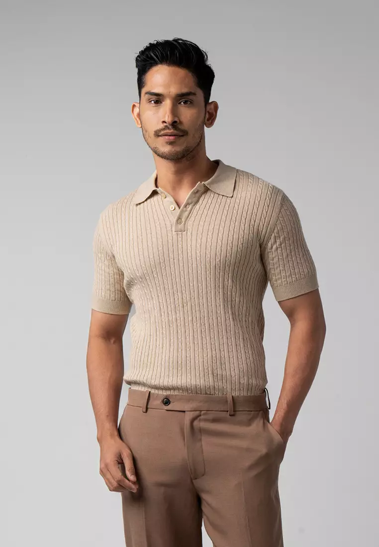 Mens Cable Knit Cotton Polo Beige